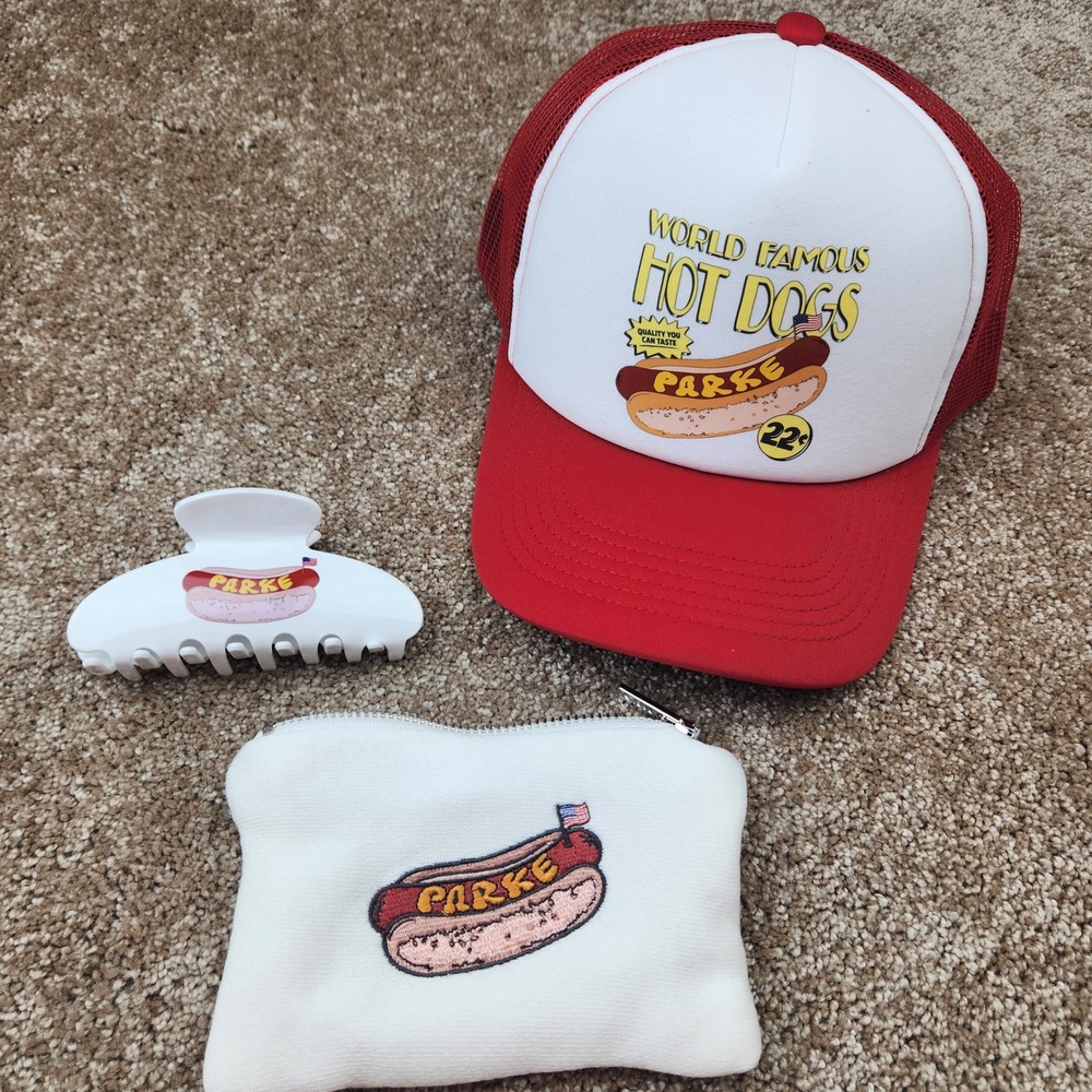 Parke Hot Dog Bundle Red White Trucker Hat Claw Clip and Zipper Pouch Set NEW